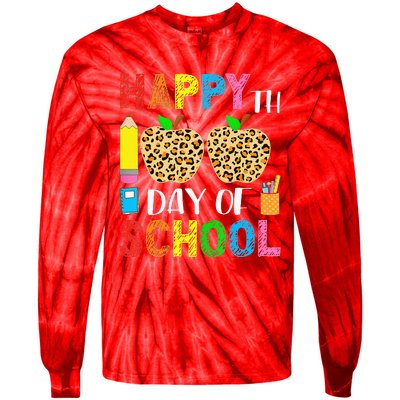 100 Days Smarter Teacher Student Leopard Happy 100 Days Tie-Dye Long Sleeve Shirt