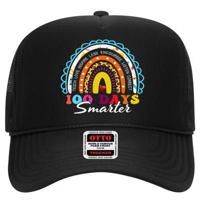 100 Days Smarter Happy 100th Day Of School Rainbow Leopard  High Crown Mesh Back Trucker Hat