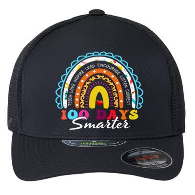 100 Days Smarter Happy 100th Day Of School Rainbow Leopard  Flexfit Unipanel Trucker Cap