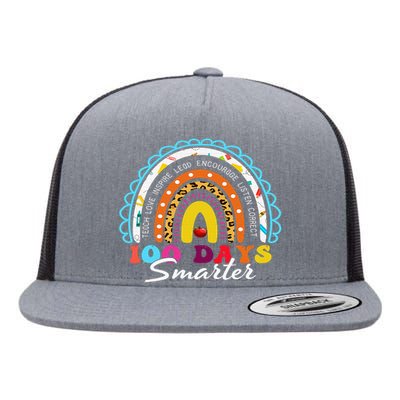 100 Days Smarter Happy 100th Day Of School Rainbow Leopard  Flat Bill Trucker Hat