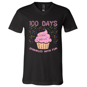 100 Days Sprinkled With Fun Cupcake 100th Day Of School Girl V-Neck T-Shirt