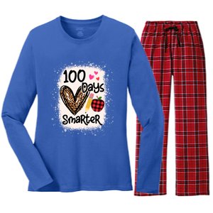 100 Days Smarter Leopard Bleached 100th Day School Teacher Gift Women's Long Sleeve Flannel Pajama Set 