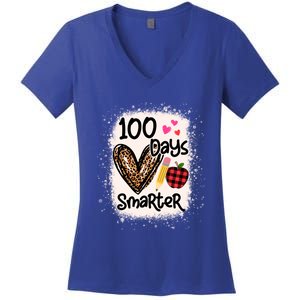 100 Days Smarter Leopard Bleached 100th Day School Teacher Gift Women's V-Neck T-Shirt