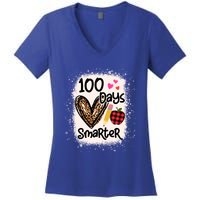 100 Days Smarter Leopard Bleached 100th Day School Teacher Gift Women's V-Neck T-Shirt