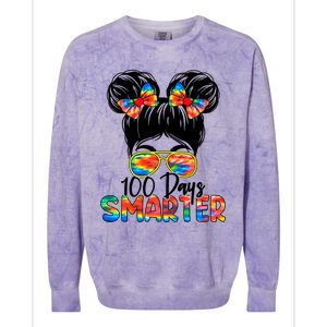 100 Days Smarter Messy Bun 100th Day Of School Gift Colorblast Crewneck Sweatshirt