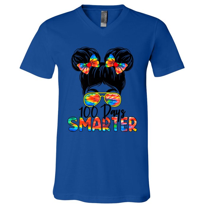 100 Days Smarter Messy Bun 100th Day Of School Gift V-Neck T-Shirt