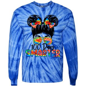 100 Days Smarter Messy Bun 100th Day Of School Gift Tie-Dye Long Sleeve Shirt