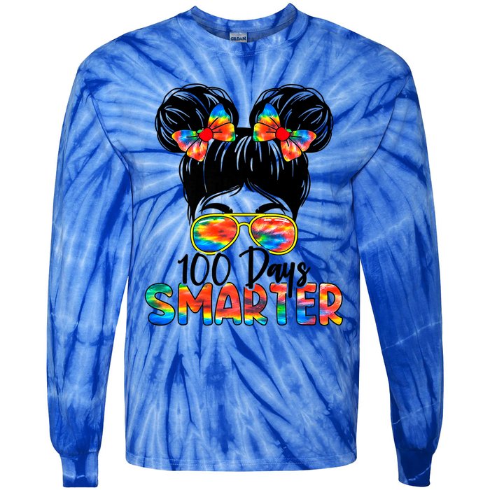 100 Days Smarter Messy Bun 100th Day Of School Gift Tie-Dye Long Sleeve Shirt