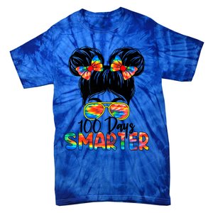 100 Days Smarter Messy Bun 100th Day Of School Gift Tie-Dye T-Shirt