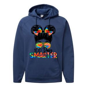 100 Days Smarter Messy Bun 100th Day Of School Gift Performance Fleece Hoodie