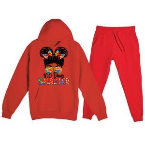 100 Days Smarter Messy Bun 100th Day Of School Gift Premium Hooded Sweatsuit Set