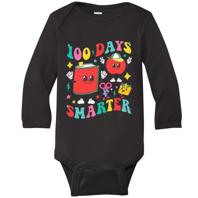 100 Days Smarter Happy 100th Day Of School Groovy Baby Long Sleeve Bodysuit