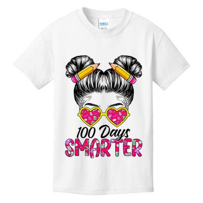 100 Days Smarter Messy Bun Hair 100th Day Of School Kids T-Shirt