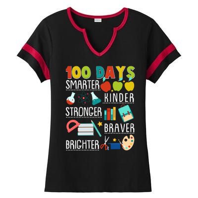 100 Days Smarter Kinder Stronger Braver Brighter 100 Days Of School Ladies Halftime Notch Neck Tee