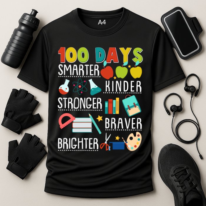 100 Days Smarter Kinder Stronger Braver Brighter 100 Days Of School Cooling Performance Crew T-Shirt