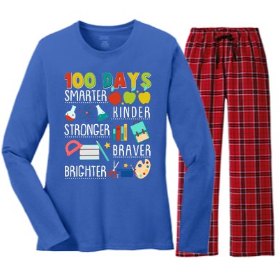 100 Days Smarter Kinder Stronger Braver Brighter 100 Days Of School Women's Long Sleeve Flannel Pajama Set 