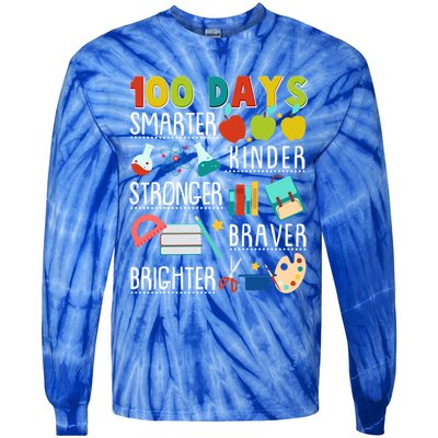 100 Days Smarter Kinder Stronger Braver Brighter 100 Days Of School Tie-Dye Long Sleeve Shirt