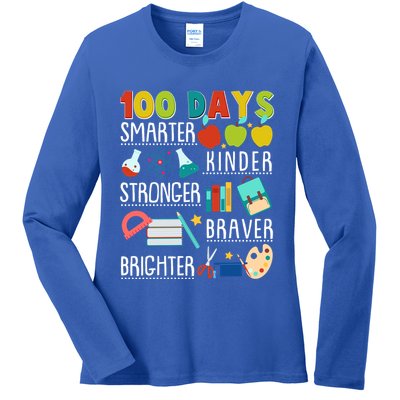 100 Days Smarter Kinder Stronger Braver Brighter 100 Days Of School Ladies Long Sleeve Shirt