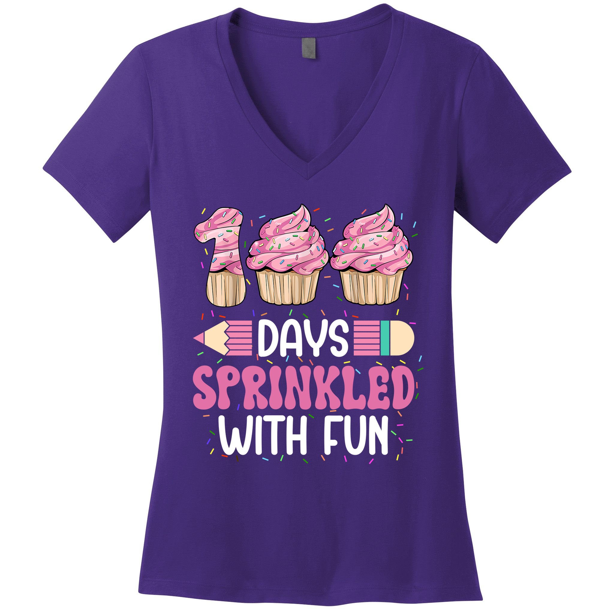 100 Days Sprinkled With Fun Cupcake 100th Day Of School Women's V-Neck T-Shirt