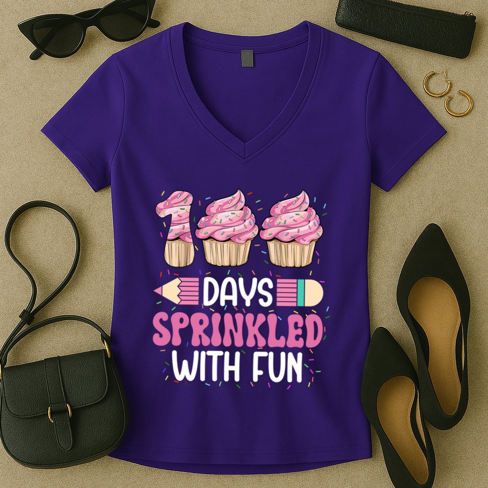 100 Days Sprinkled With Fun Cupcake 100th Day Of School Women's V-Neck T-Shirt