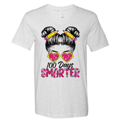 100 Days Smarter Girl Messy Bun Hair 100th Day Of School V-Neck T-Shirt