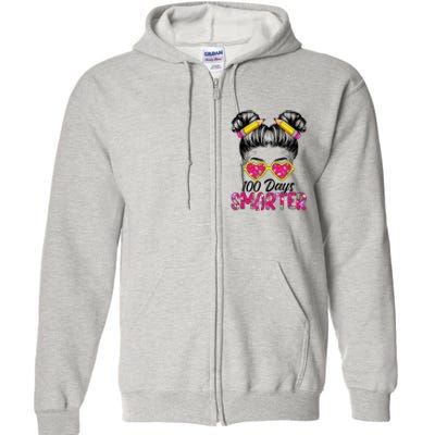 100 Days Smarter Girl Messy Bun Hair 100th Day Of School Full Zip Hoodie