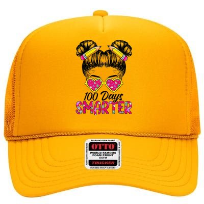 100 Days Smarter Girl Messy Bun Hair 100th Day Of School High Crown Mesh Back Trucker Hat