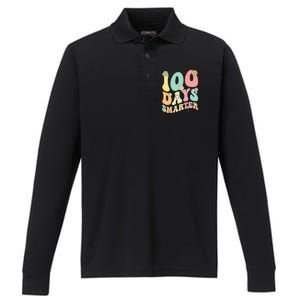 100 Days Smarter Happy 100th Day Of School Groovy Boy Girl Gift Performance Long Sleeve Polo