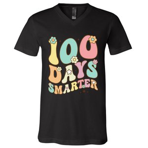 100 Days Smarter Happy 100th Day Of School Groovy Boy Girl Gift V-Neck T-Shirt