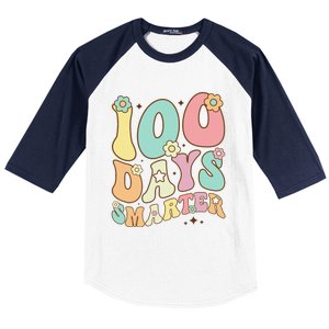 100 Days Smarter Happy 100th Day Of School Groovy Boy Girl Gift Baseball Sleeve Shirt