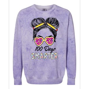 100 Days Smarter Girls Messy Bun Hair 100th Day Of School Colorblast Crewneck Sweatshirt