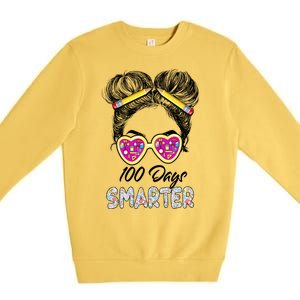 100 Days Smarter Girls Messy Bun Hair 100th Day Of School Premium Crewneck Sweatshirt