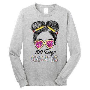 100 Days Smarter Girls Messy Bun Hair 100th Day Of School Long Sleeve Shirt