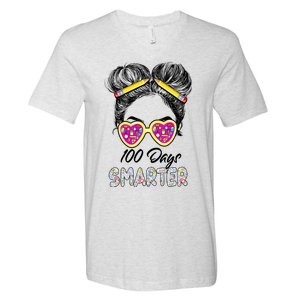 100 Days Smarter Girls Messy Bun Hair 100th Day Of School V-Neck T-Shirt