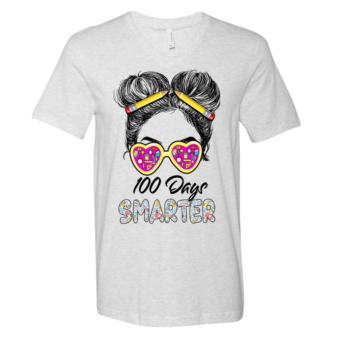 100 Days Smarter Girls Messy Bun Hair 100th Day Of School V-Neck T-Shirt