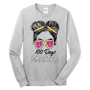 100 Days Smarter Girls Messy Bun Hair 100th Day Of School Tall Long Sleeve T-Shirt