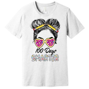 100 Days Smarter Girls Messy Bun Hair 100th Day Of School Premium T-Shirt