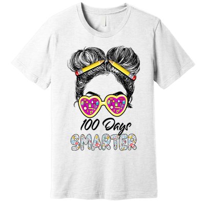 100 Days Smarter Girls Messy Bun Hair 100th Day Of School Premium T-Shirt