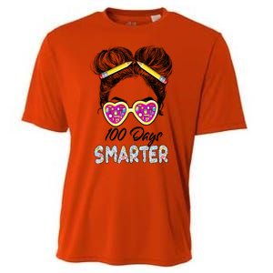 100 Days Smarter Girls Messy Bun Hair 100th Day Of School Cooling Performance Crew T-Shirt