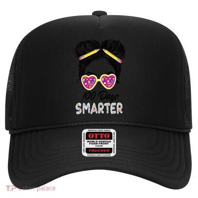 100 Days Smarter Girls Messy Bun Hair 100th Day Of School High Crown Mesh Back Trucker Hat