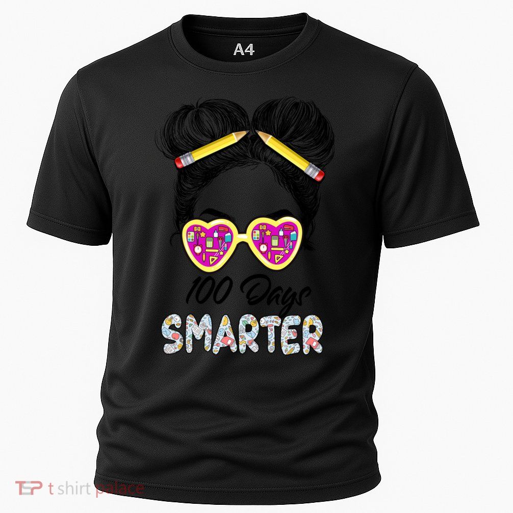 100 Days Smarter Girls Messy Bun Hair 100th Day Of School Performance Shirt