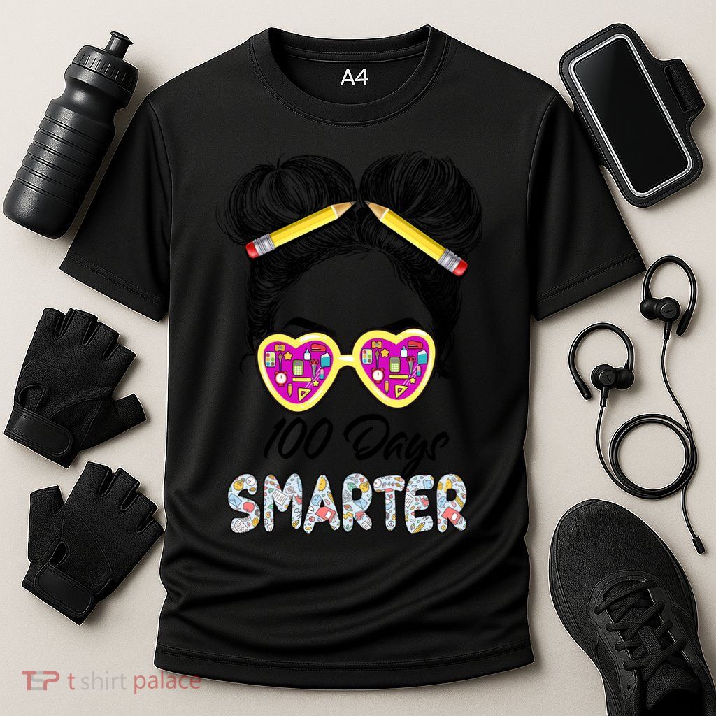 100 Days Smarter Girls Messy Bun Hair 100th Day Of School Performance Shirt