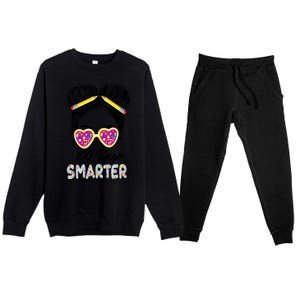 100 Days Smarter Girls Messy Bun Hair 100th Day Of School Premium Crewneck Sweatsuit Set