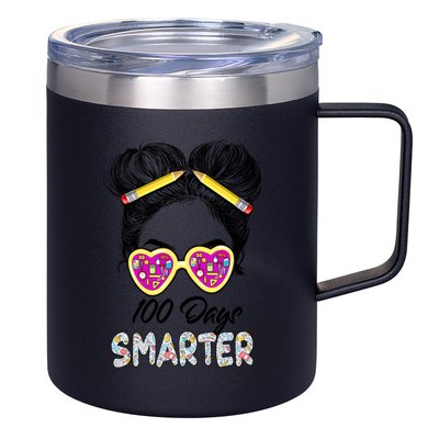 100 Days Smarter Girls Messy Bun Hair 100th Day Of School 12oz Stainless Steel Coffee Mug