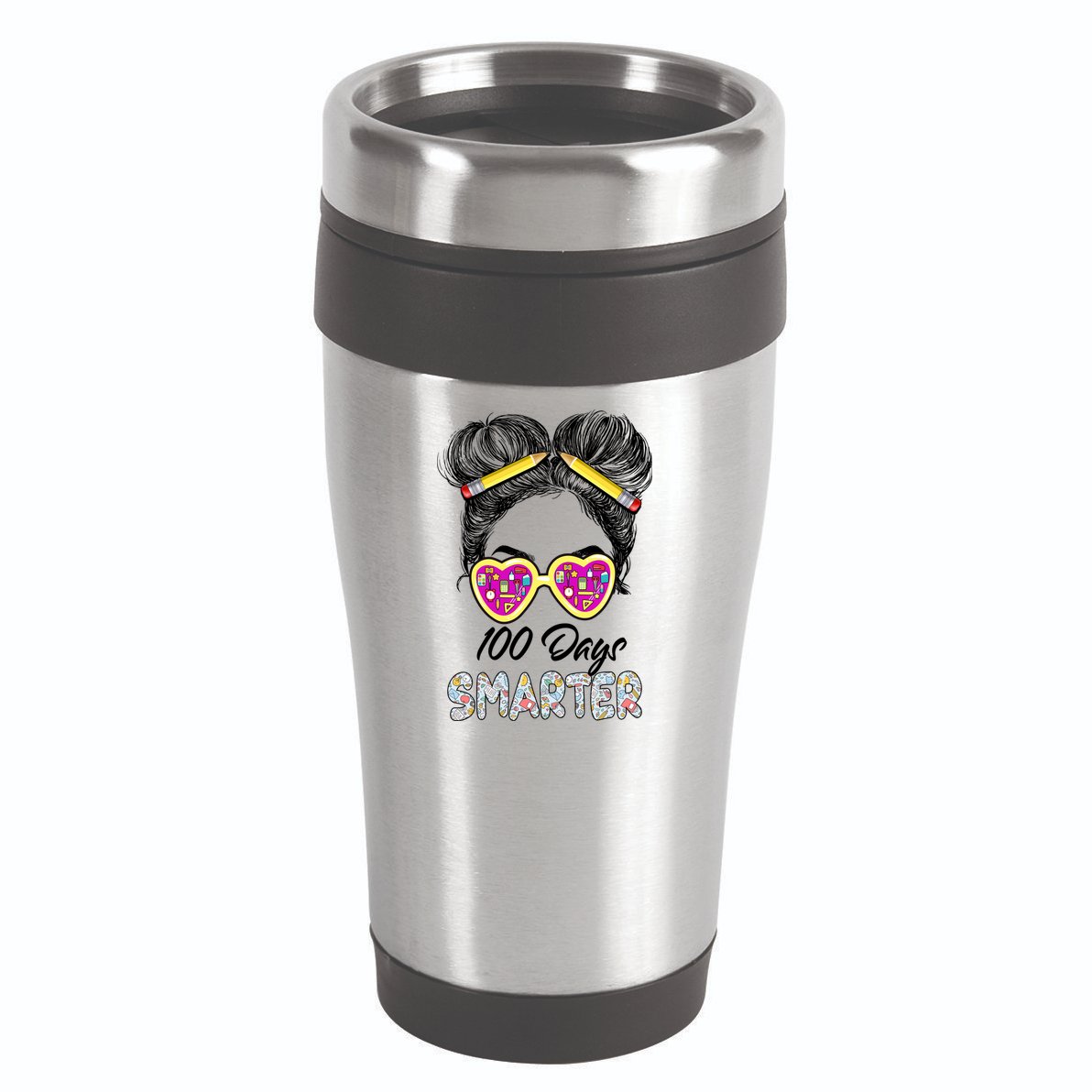 100 Days Smarter Girls Messy Bun Hair 100th Day Of School 16oz Travel Tumbler