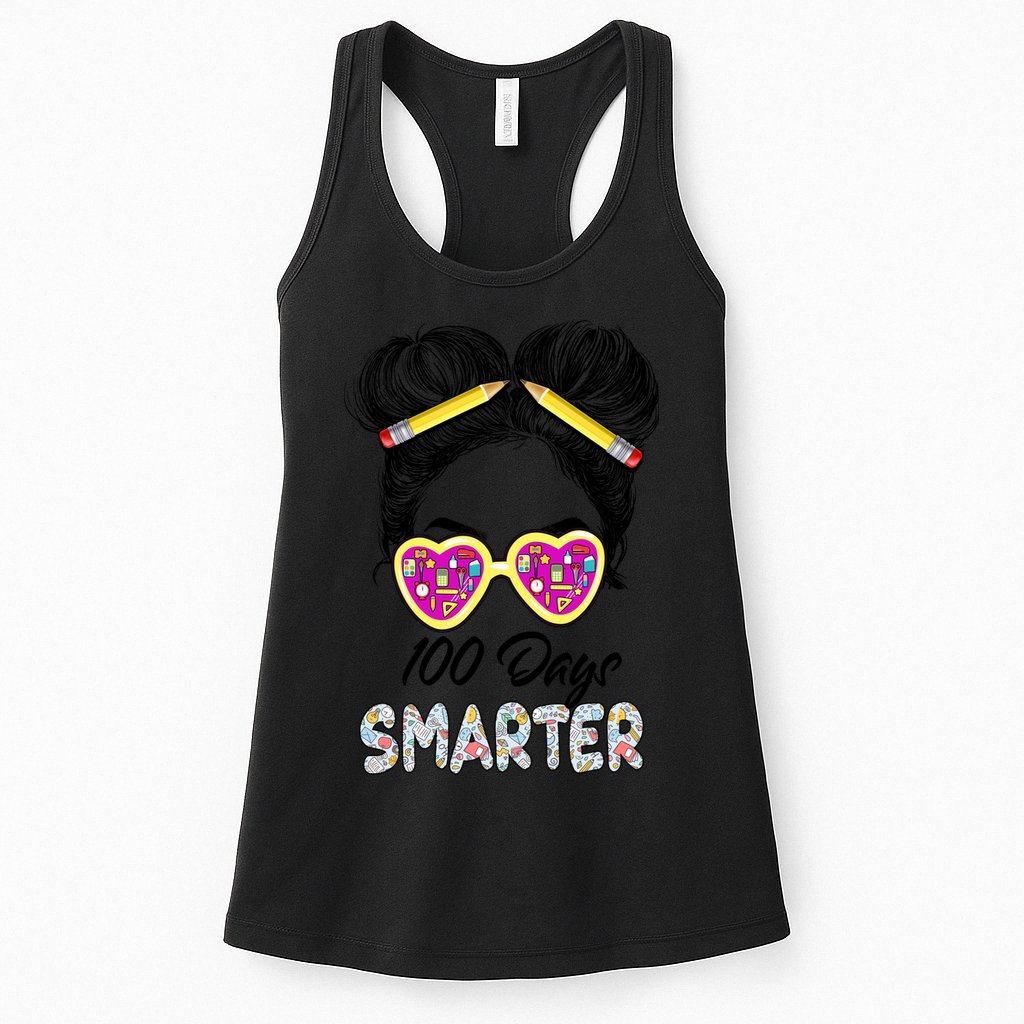 100 Days Smarter Girls Messy Bun Hair 100th Day Of School Womens Tank Top