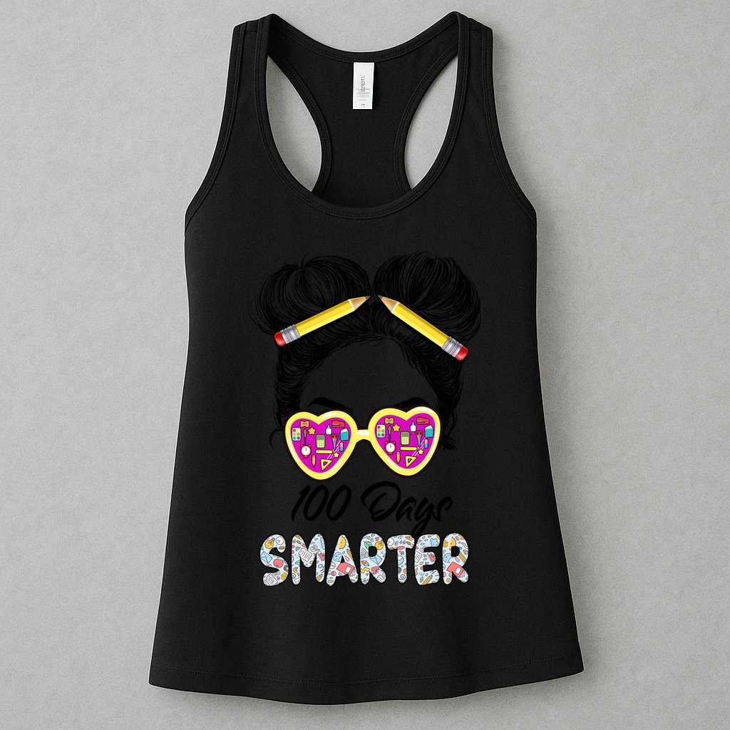 100 Days Smarter Girls Messy Bun Hair 100th Day Of School Womens Tank Top
