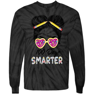 100 Days Smarter Girls Messy Bun Hair 100th Day Of School Tie-Dye Long Sleeve Shirt