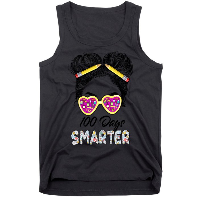100 Days Smarter Girls Messy Bun Hair 100th Day Of School Tank Top
