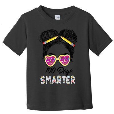 100 Days Smarter Girls Messy Bun Hair 100th Day Of School Toddler T-Shirt